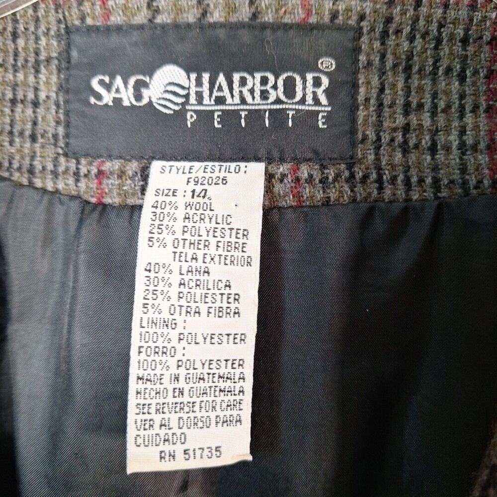 Vintage Sag Harbor Gray Green Plaid Wool Blnd Blazer Women Size 14P Petite - Picture 8 of 9